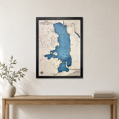 Flathead Cherry Patch wood map — single layer with engraved contours, staged room mockup