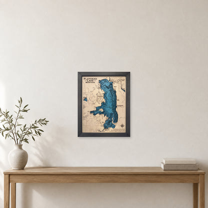 Flathead Staggs wood map — multilayer, staged room mockup