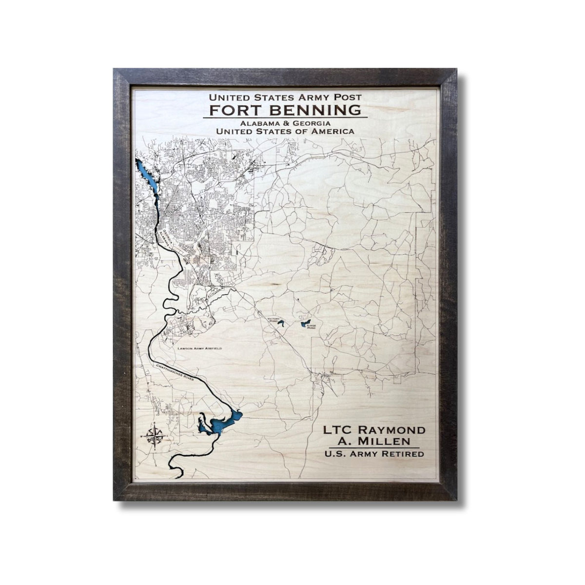 Smaller framed custom map of Fort Benning on a white background. 