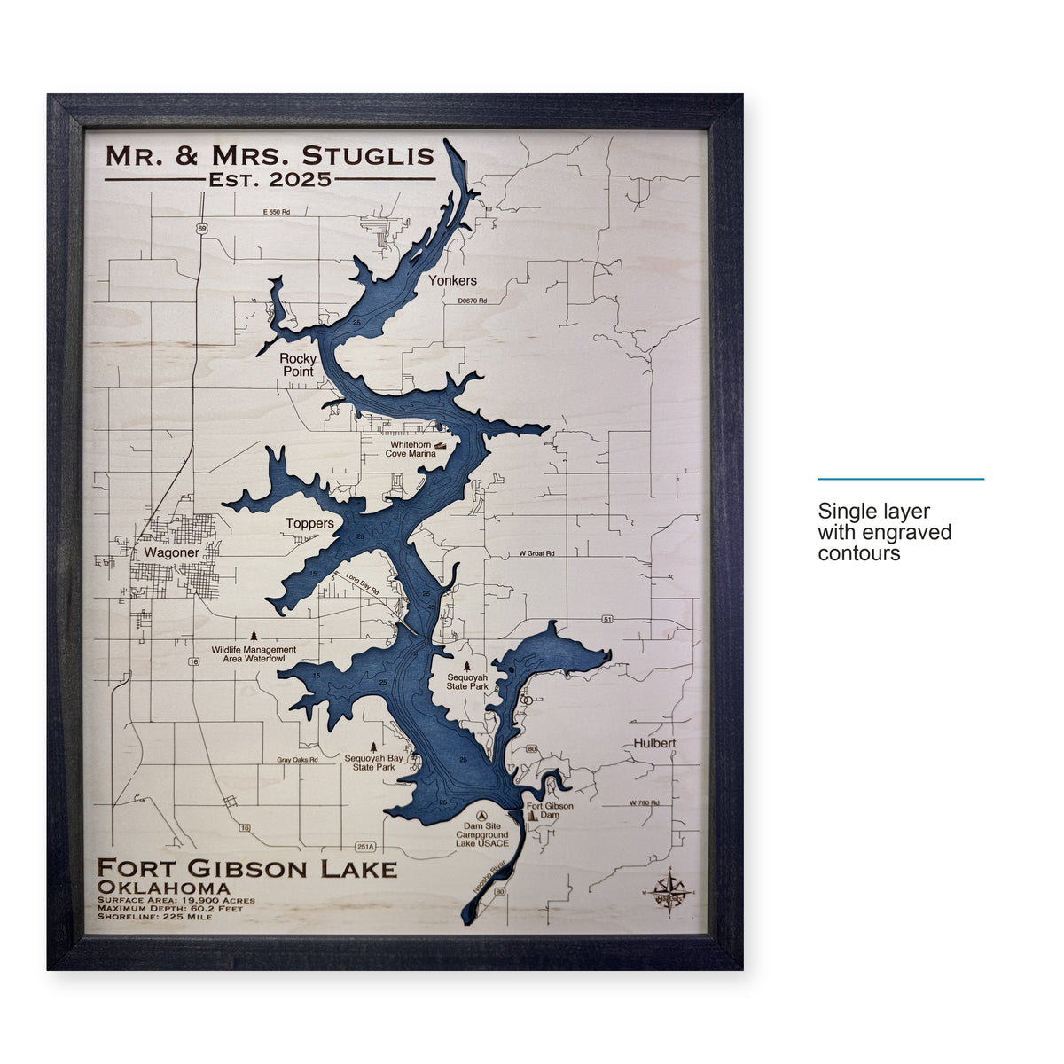 Fort Gibson Stuglis wood map — single layer with engraved contours, layer option shown