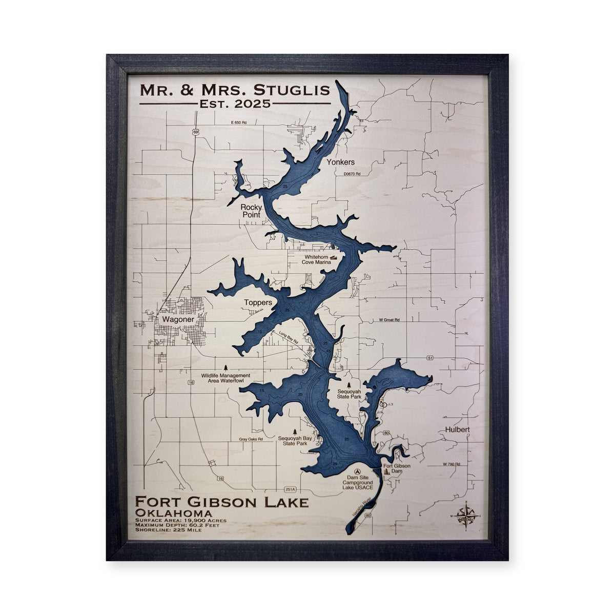 Fort Gibson Stuglis wood map — single layer with engraved contours, white background
