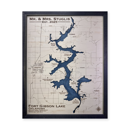 Fort Gibson Stuglis wood map — single layer with engraved contours, white background