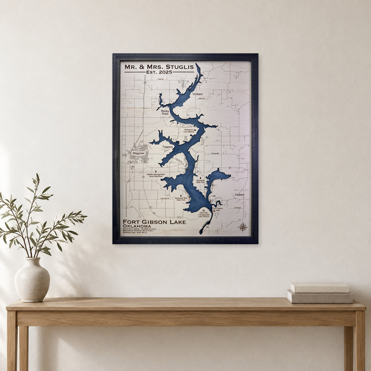 Fort Gibson Stuglis wood map — single layer with engraved contours, staged room mockup
