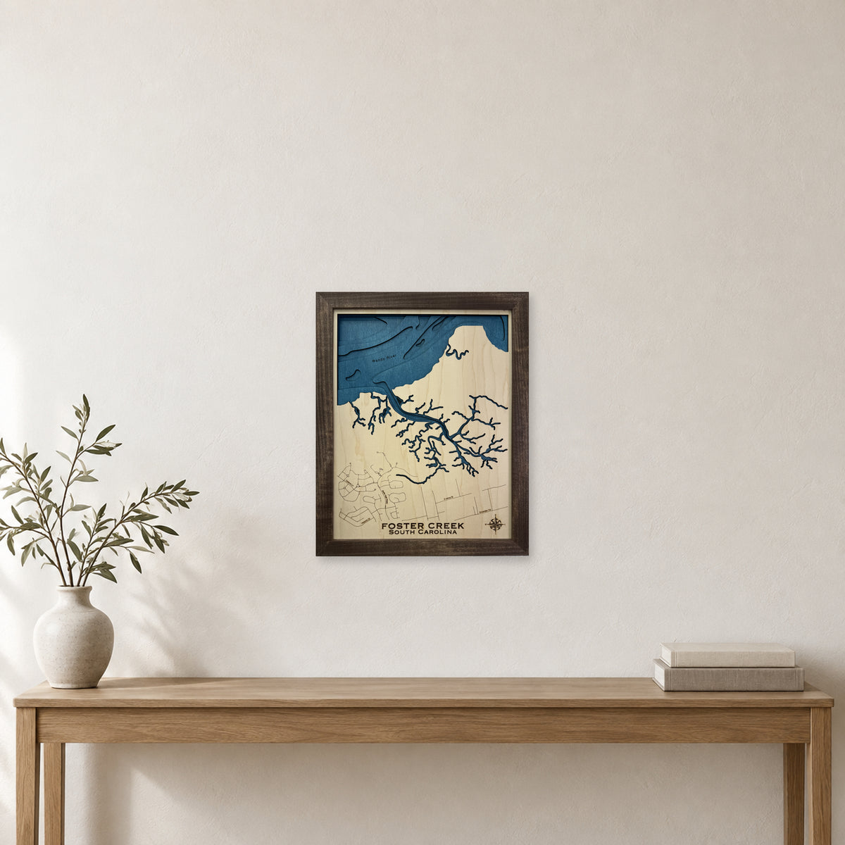 Foster Creek wood map — multilayer, staged room mockup