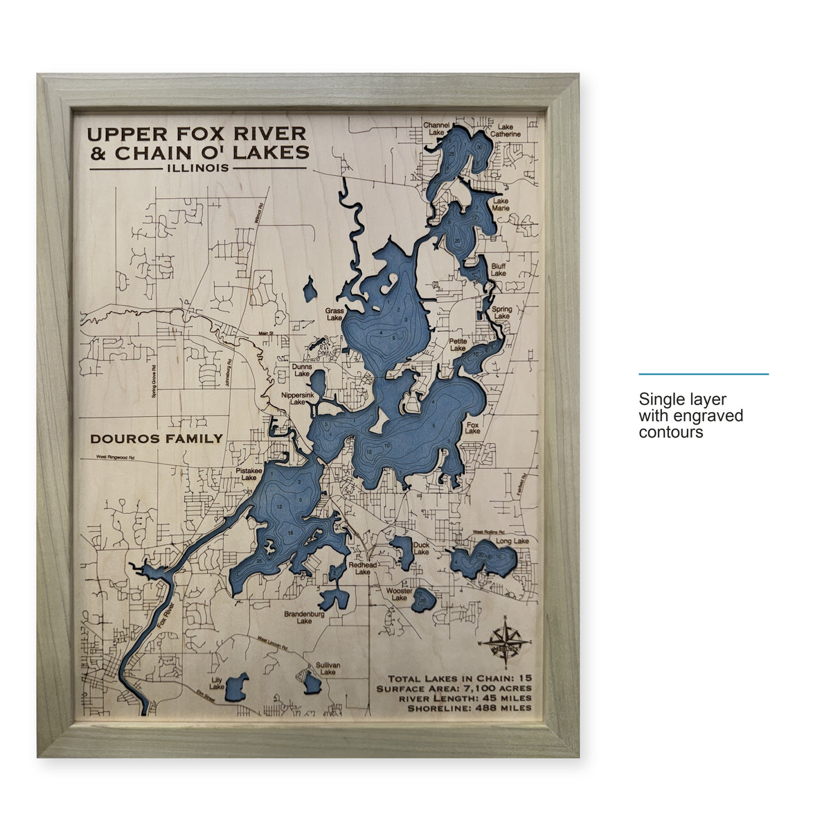 Fox Chain Douros wood map — single layer with engraved contours, layer option shown