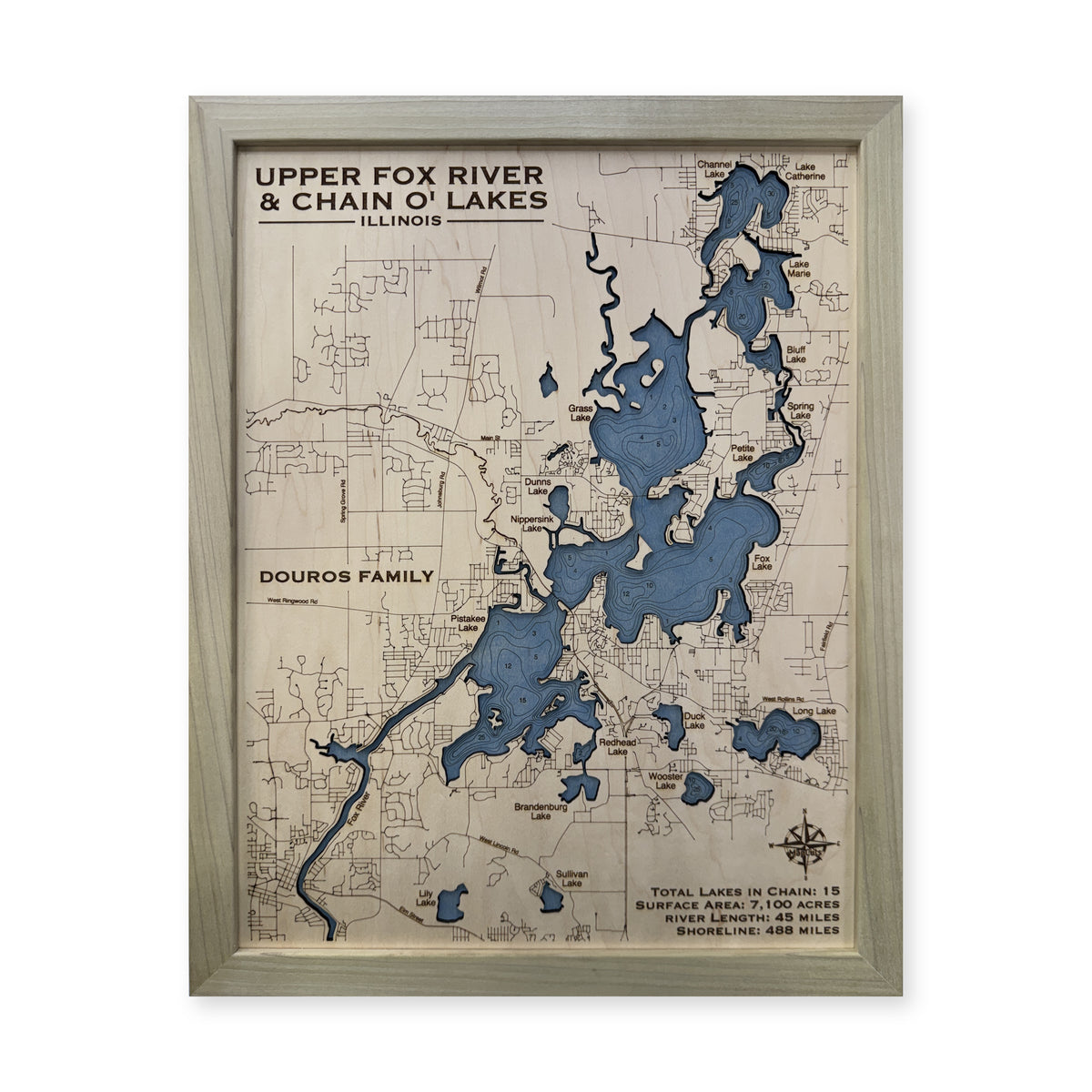 Fox Chain Douros wood map — single layer with engraved contours, white background