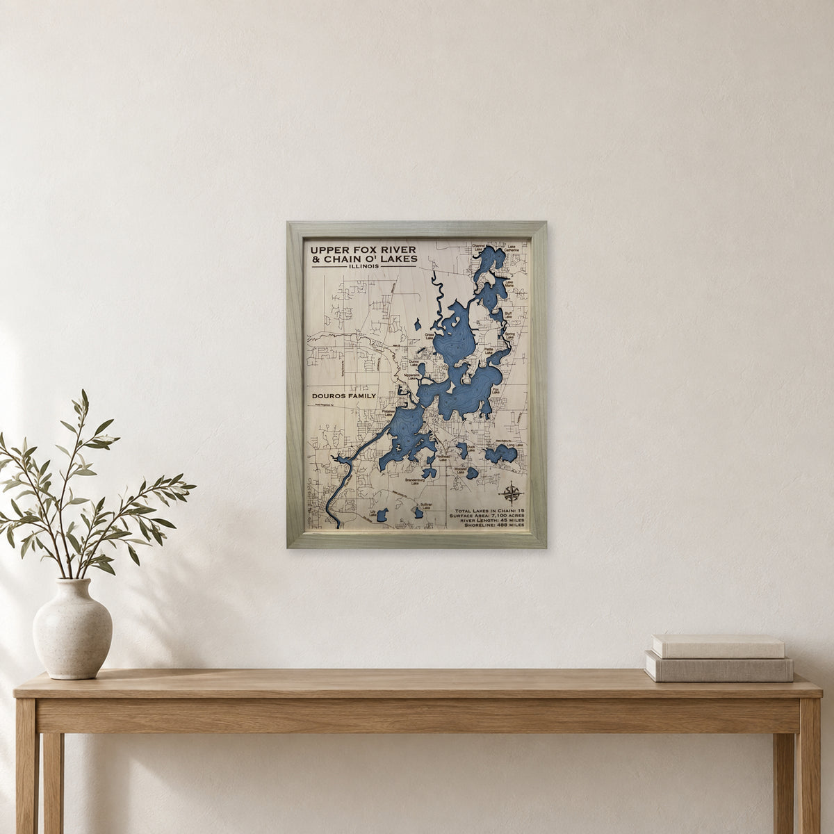 Fox Chain Douros wood map — single layer with engraved contours, staged room mockup