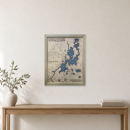 Fox Chain Douros wood map — single layer with engraved contours, staged room mockup