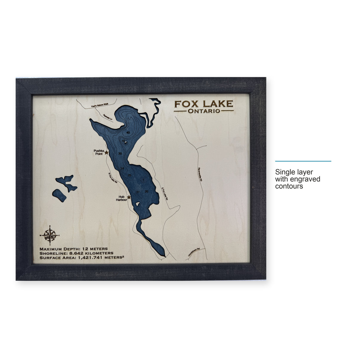 Fox Ontario wood map — single layer with engraved contours, layer option shown