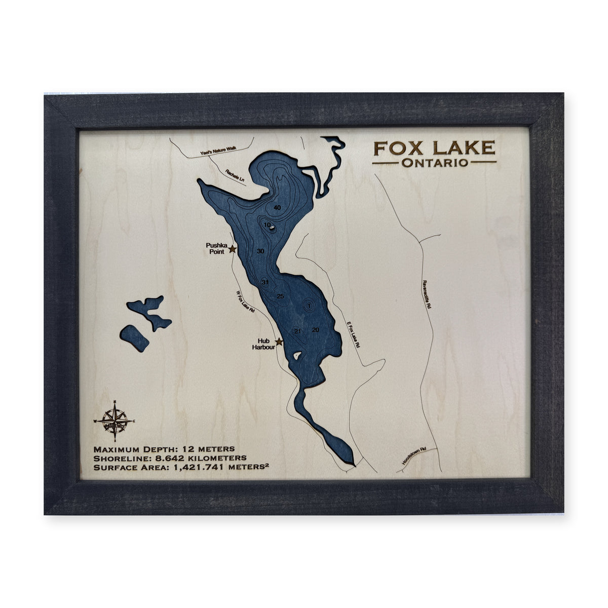 Fox Ontario wood map — single layer with engraved contours, white background
