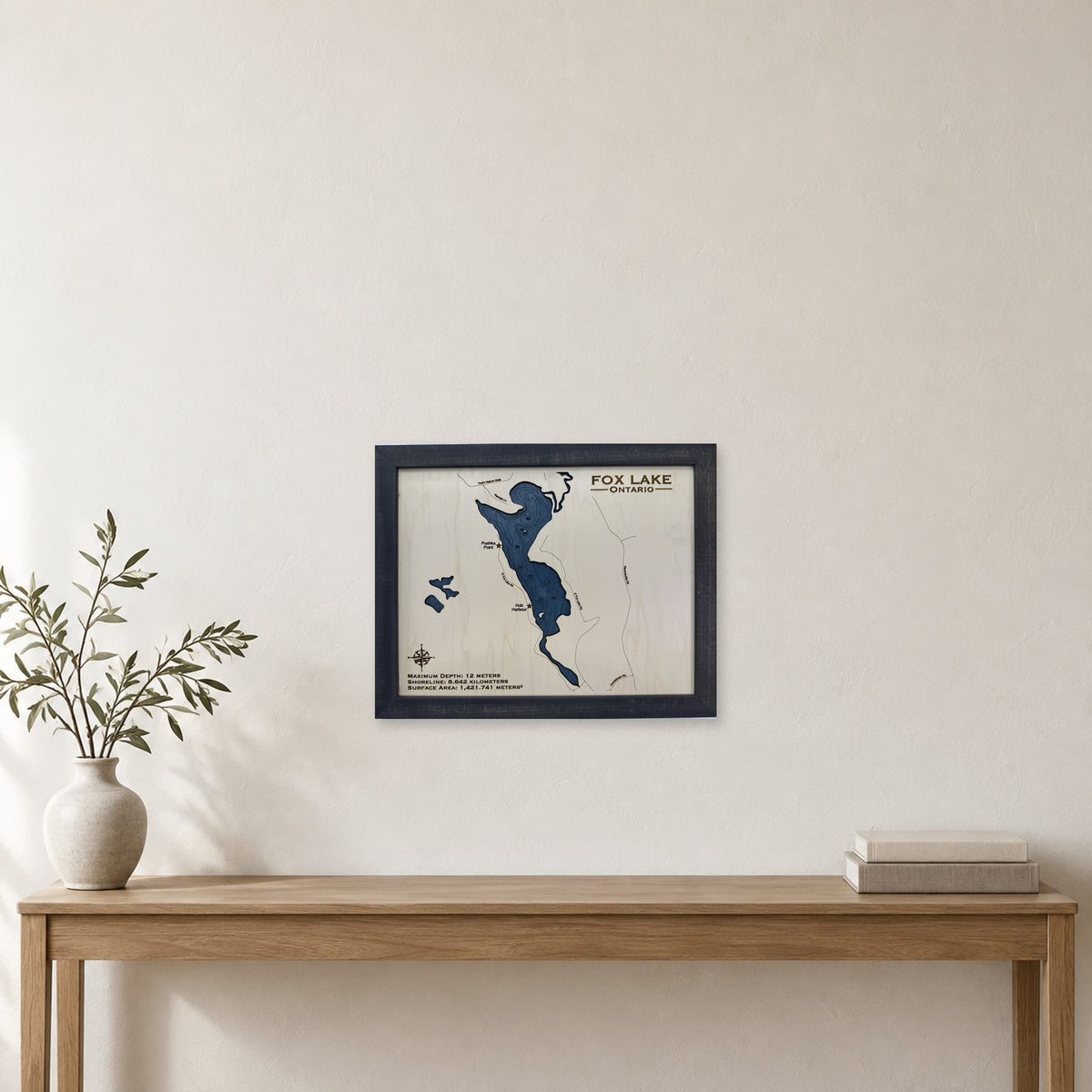 Fox Ontario wood map — single layer with engraved contours, staged room mockup