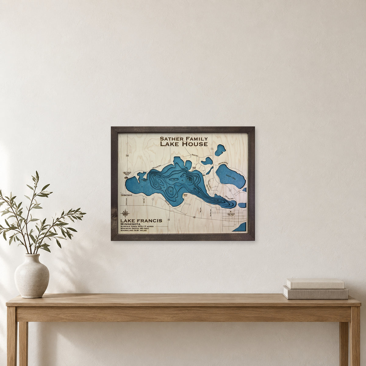 Francis Sather wood map — multilayer, staged room mockup