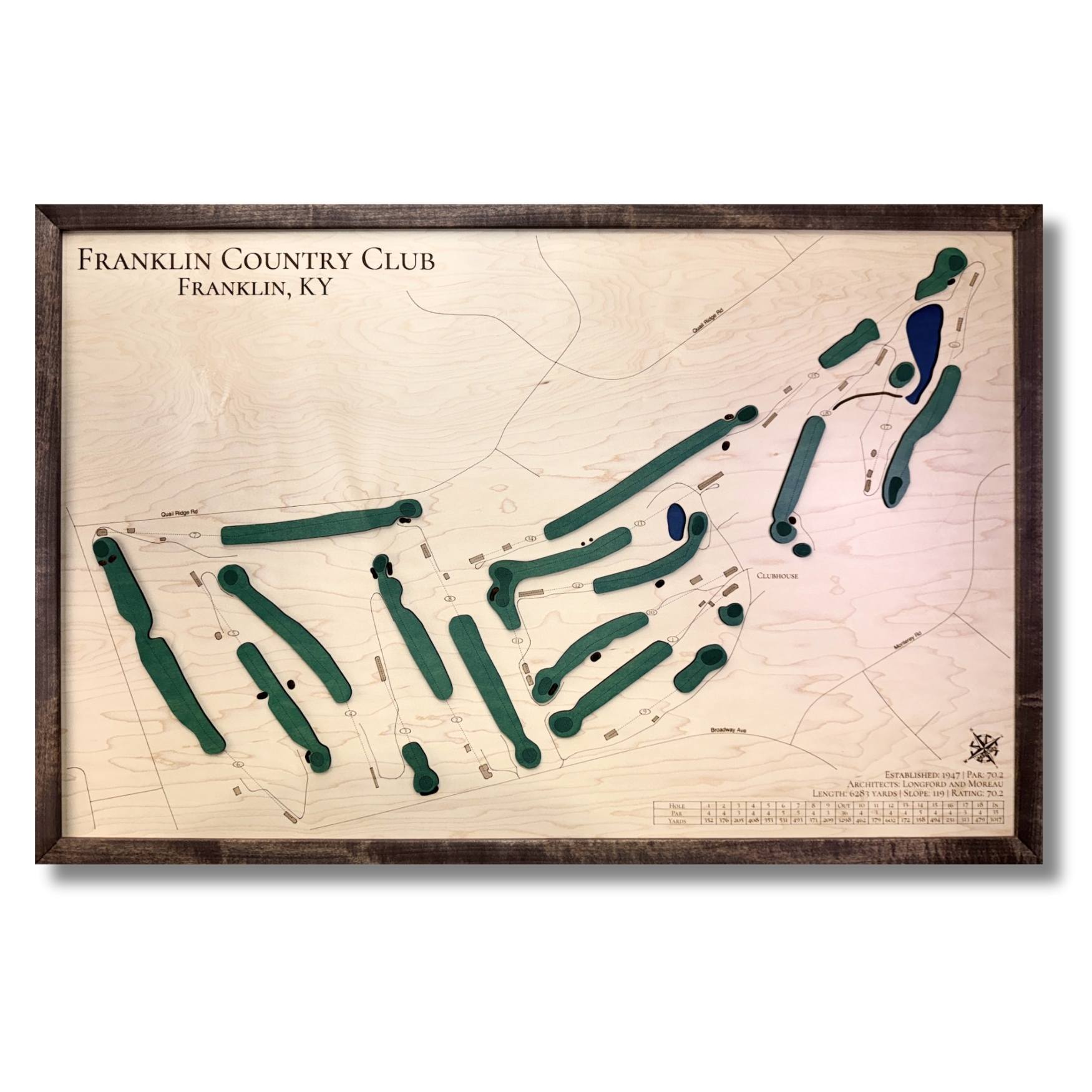 3D wooden map of Franklin Country Club with a walnut brown frame. 