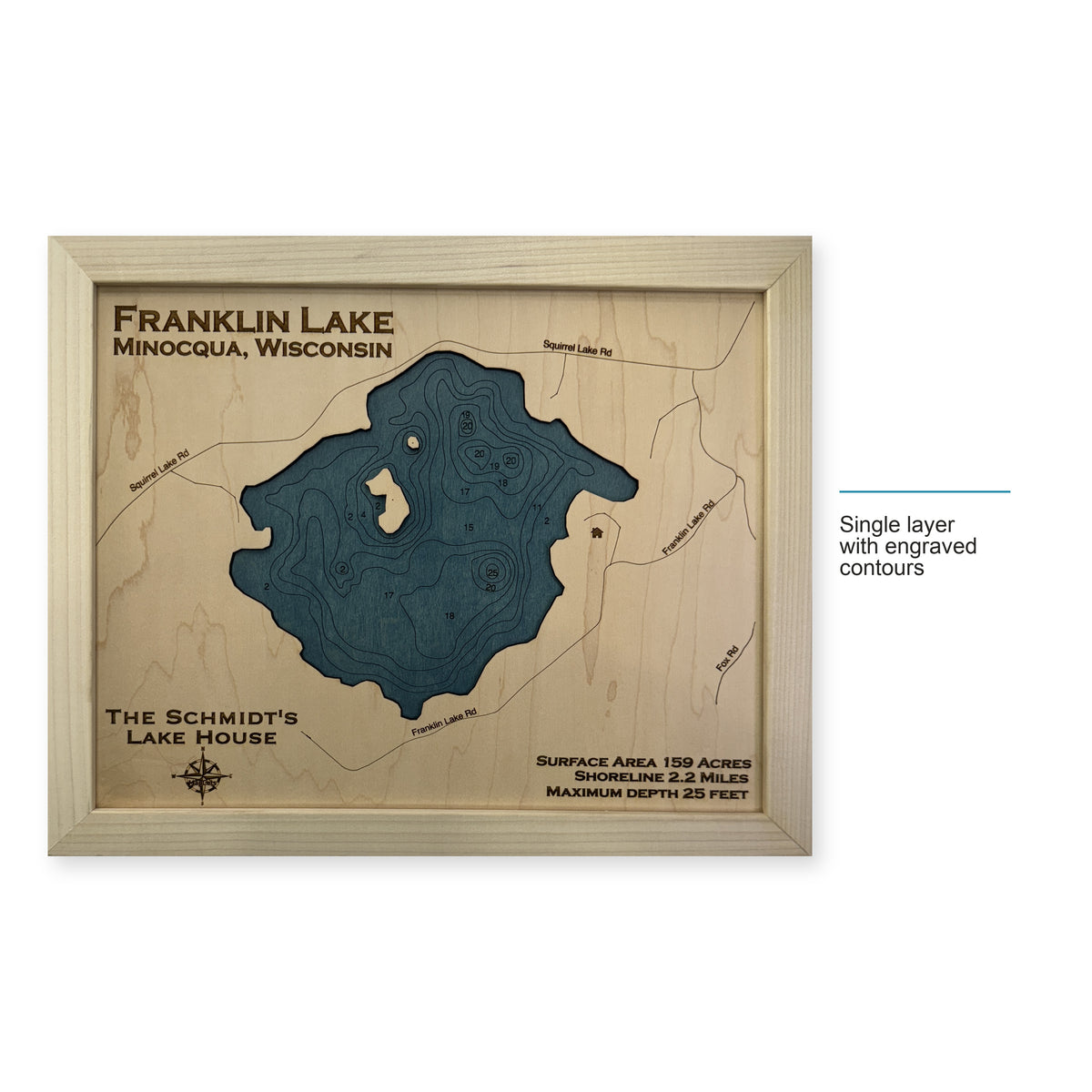 Franklin Schmidt wood map — single layer with engraved contours, layer option shown