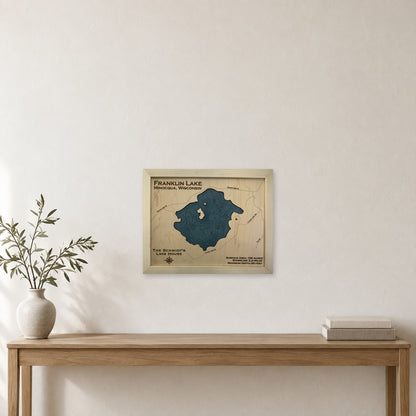 Franklin Schmidt wood map — single layer with engraved contours, staged room mockup