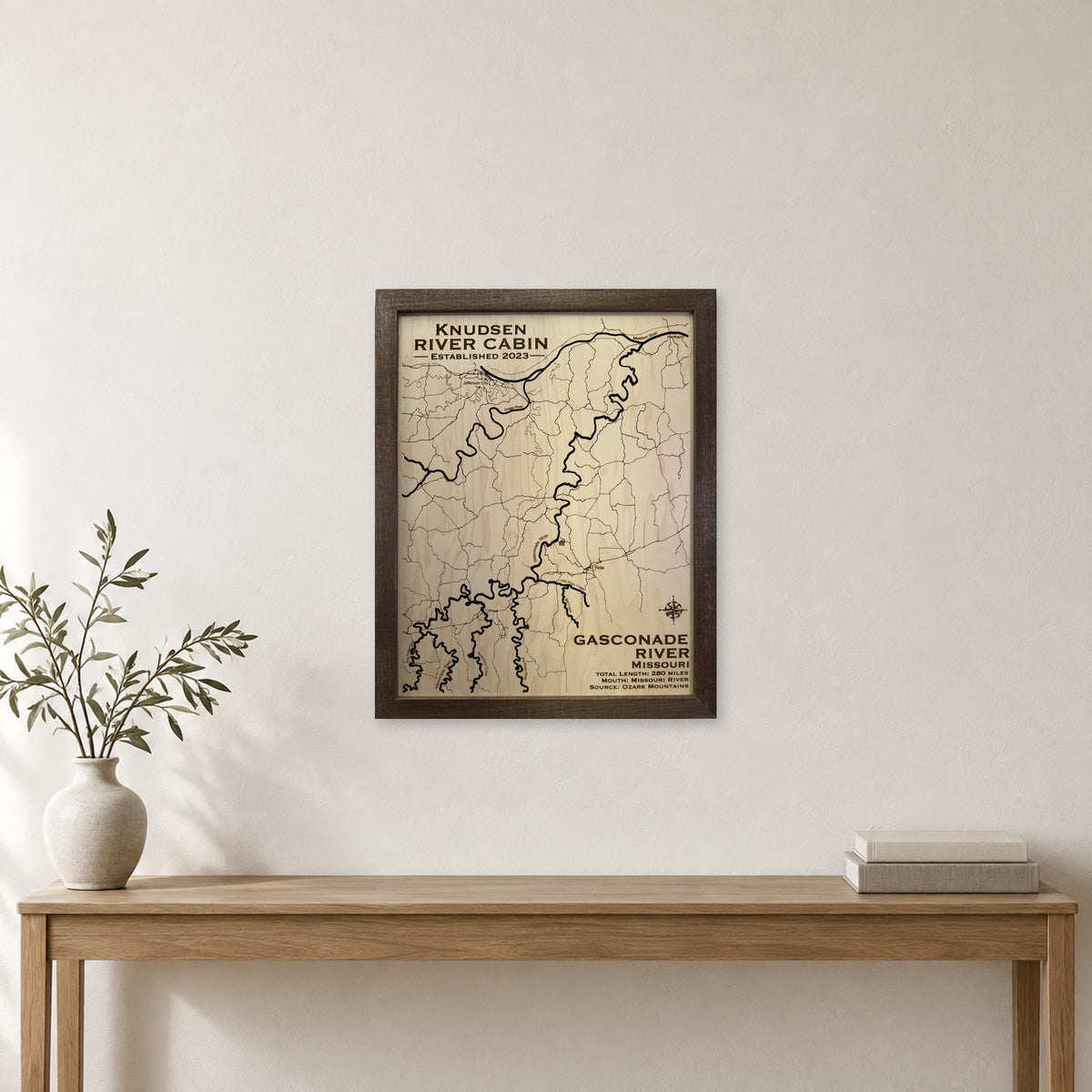 Gasconade River wood map — single layer, staged room mockup