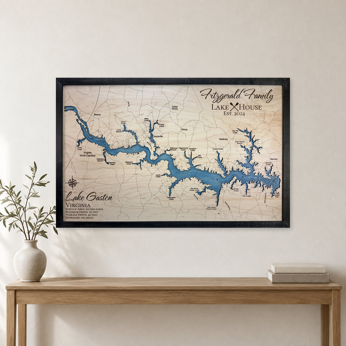 Gaston Fitzgerald wood map — single layer with engraved contours, staged room mockup