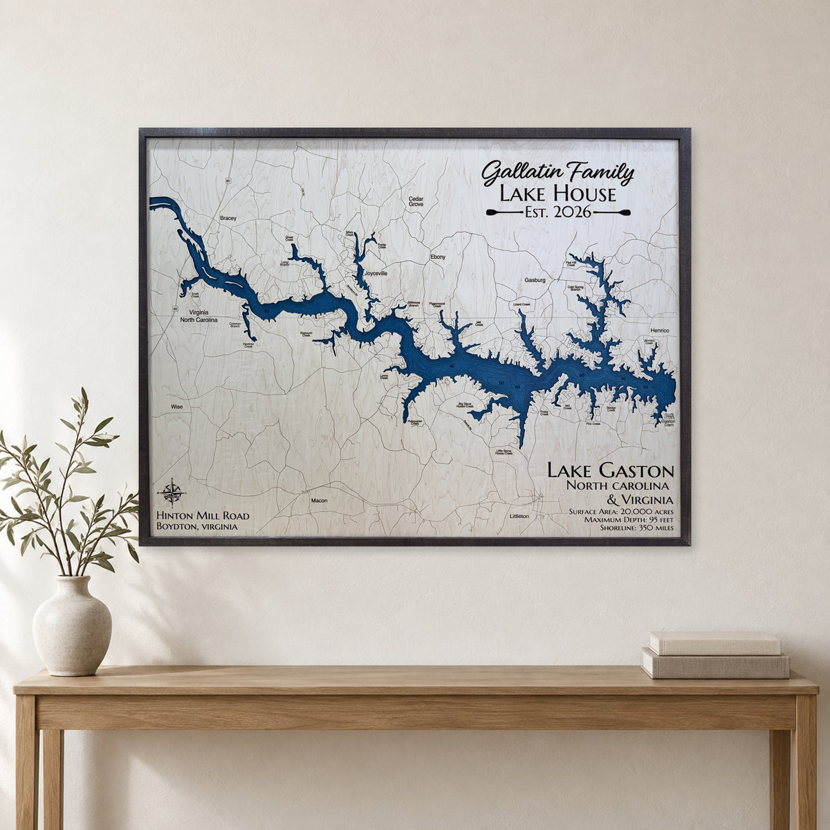 Gaston Gallatin wood map — single layer with engraved contours, staged room mockup