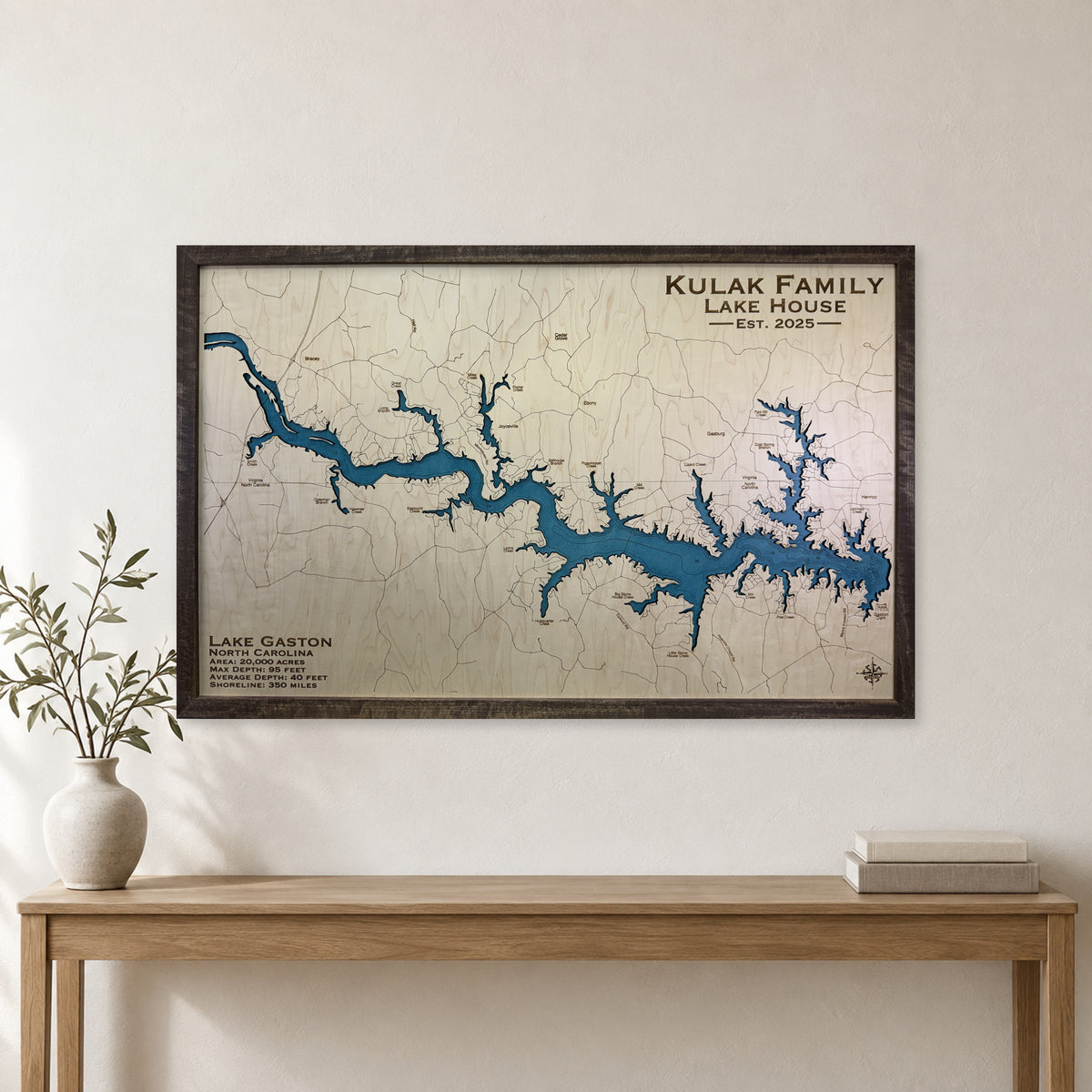 Gaston Kulak wood map — single layer with engraved contours, staged room mockup
