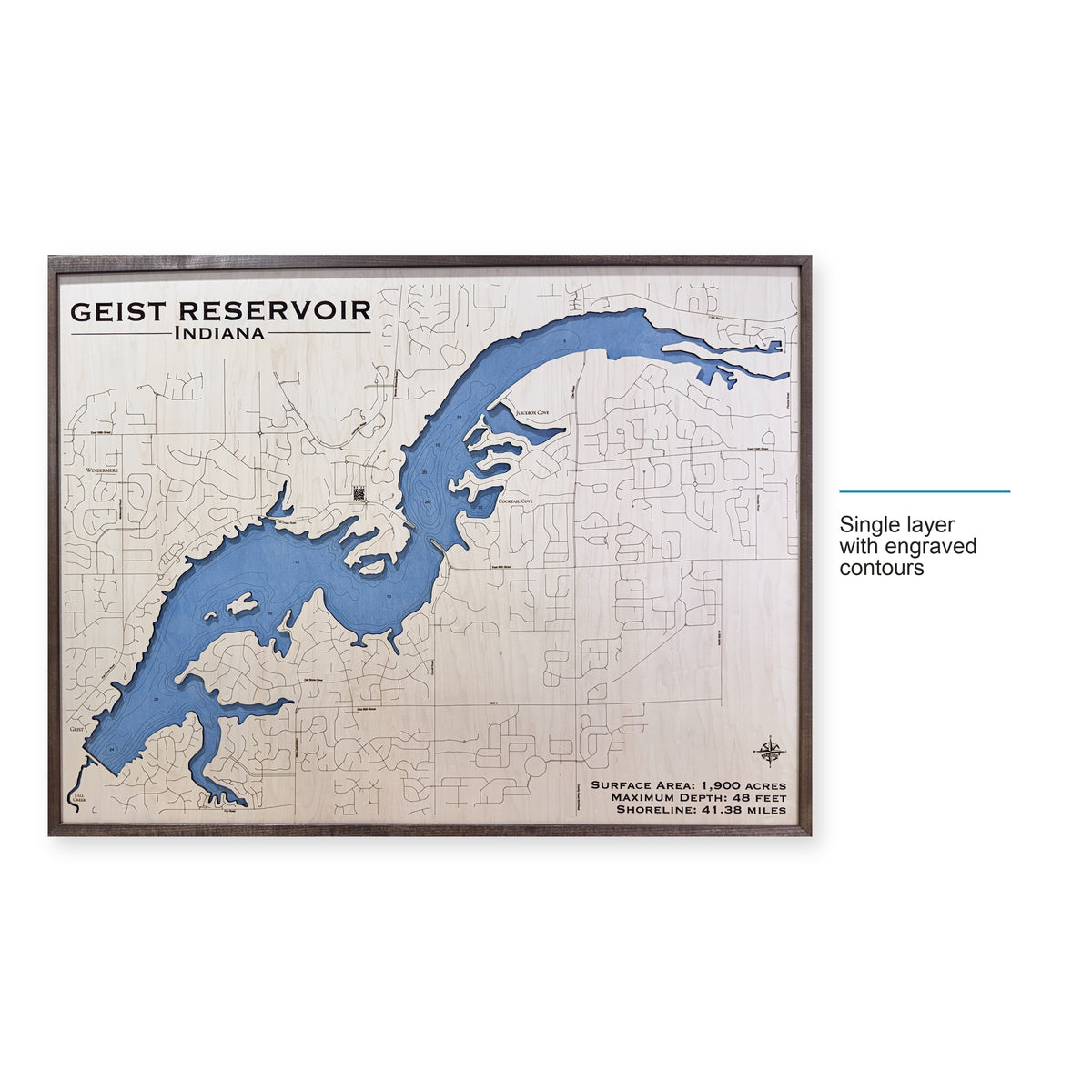 Geist Large Walnut wood map — single layer with engraved contours, layer option shown