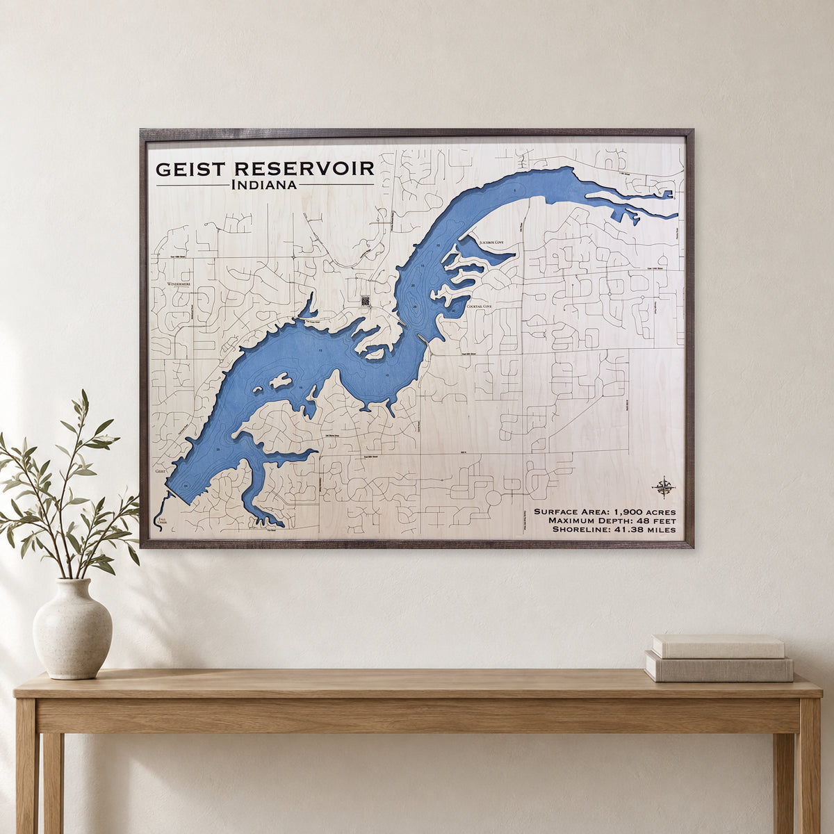 Geist Large Walnut wood map — single layer with engraved contours, staged room mockup