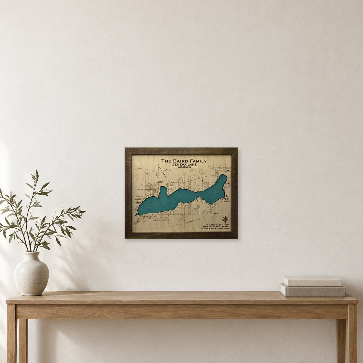 Geneva Baird wood map — single layer, staged room mockup