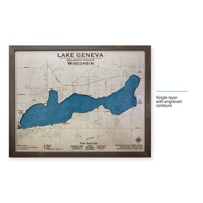 Geneva Thiede wood map — single layer with engraved contours, layer option shown
