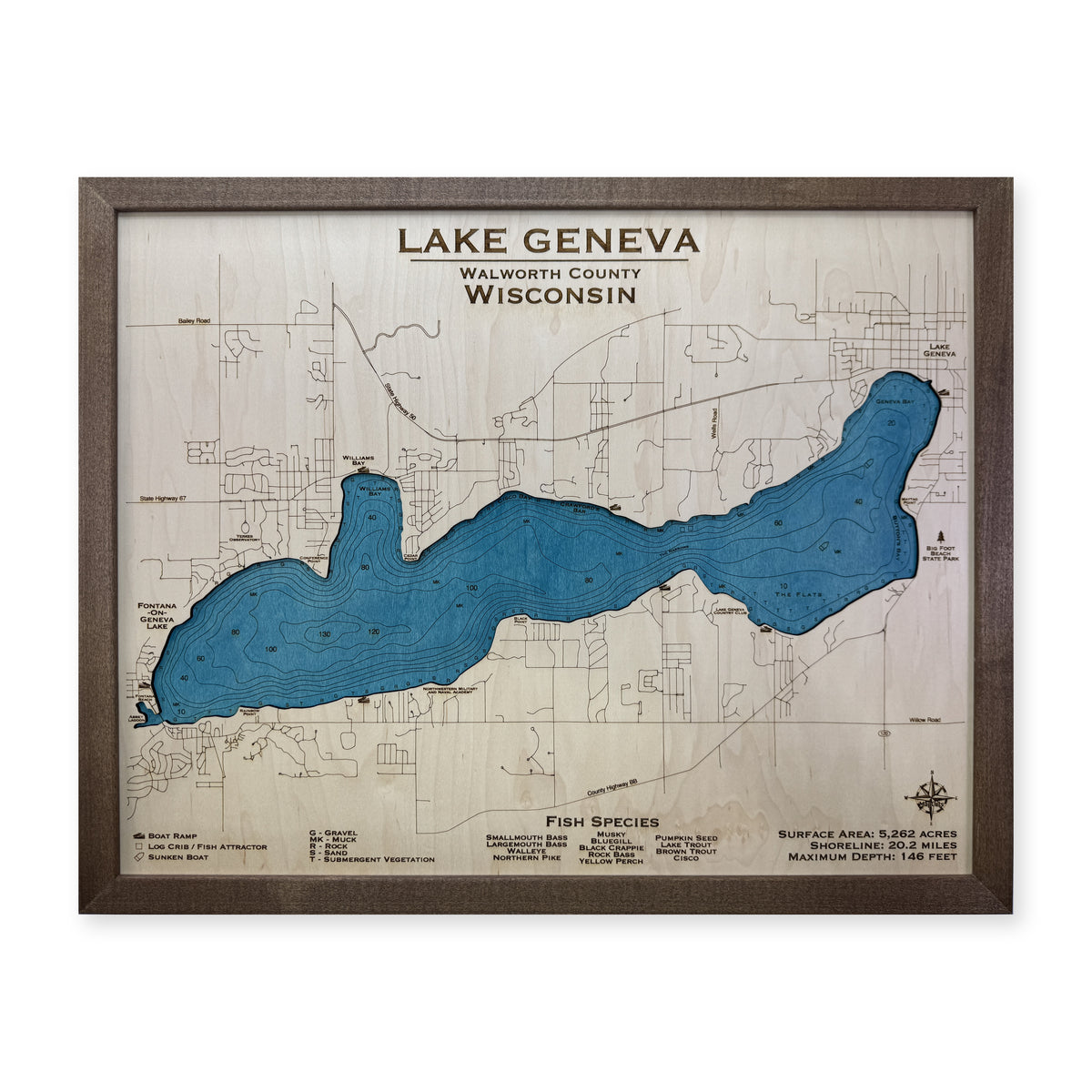 Geneva Thiede wood map — single layer with engraved contours, white background