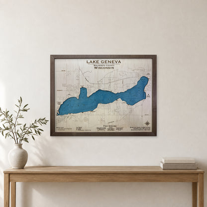 Geneva Thiede wood map — single layer with engraved contours, staged room mockup
