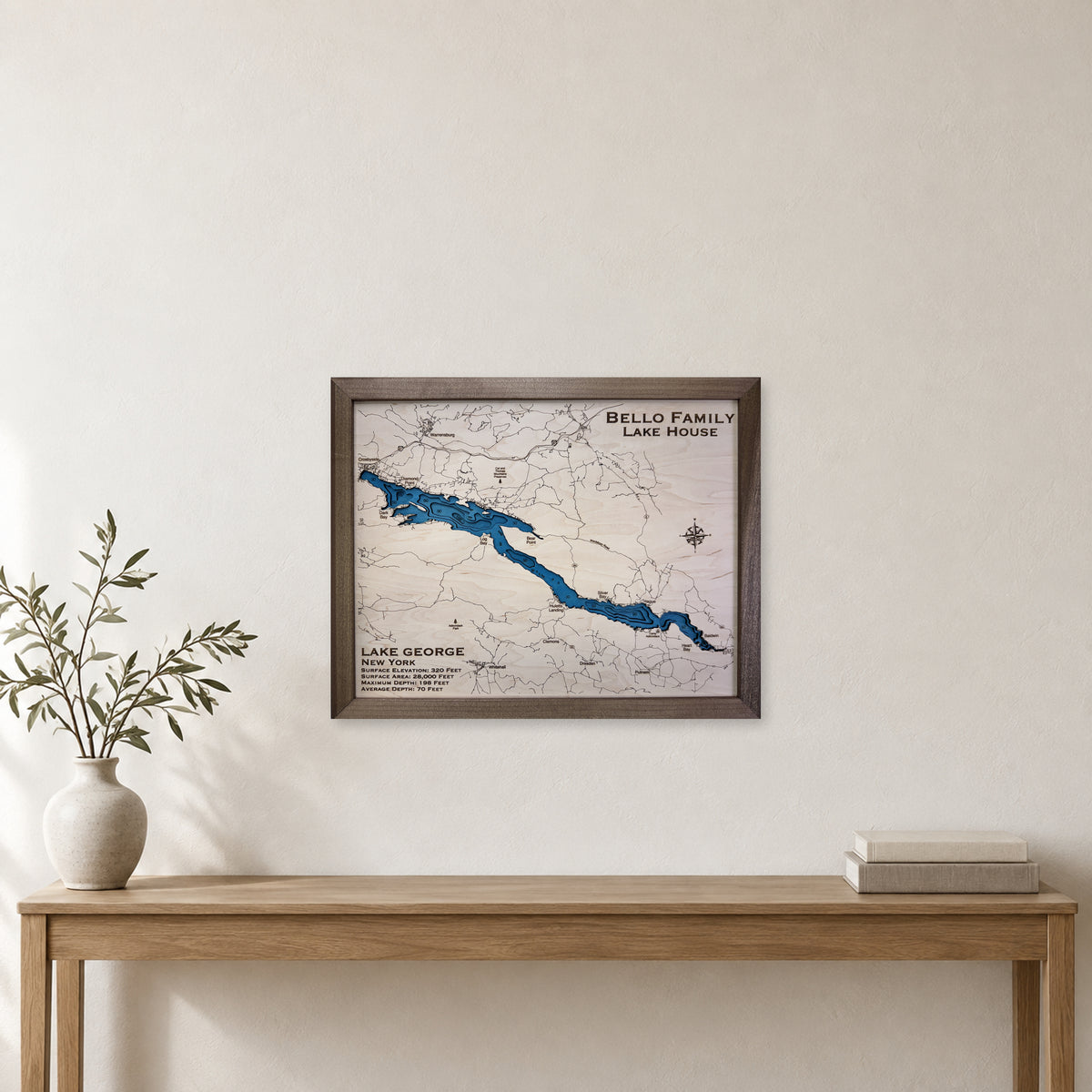 George Bello wood map — multilayer, staged room mockup