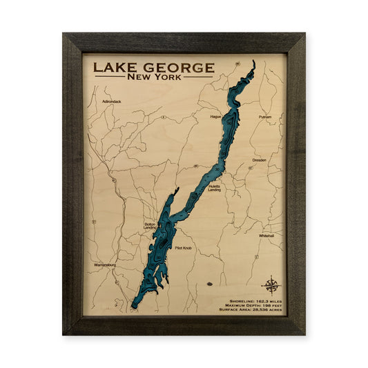 Lake George, New York, Wood Map — multilayer example, on a white background