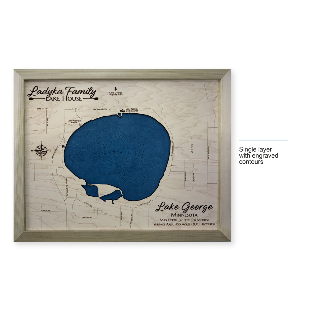 George Ladyka wood map — single layer with engraved contours, layer option shown