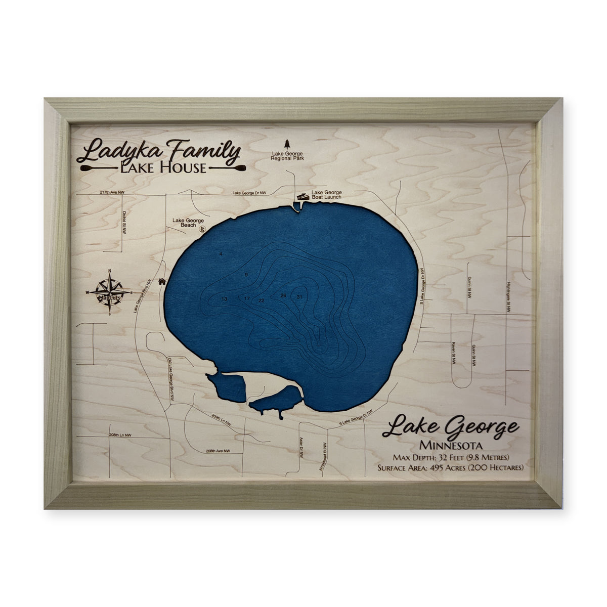 George Ladyka wood map — single layer with engraved contours, white background