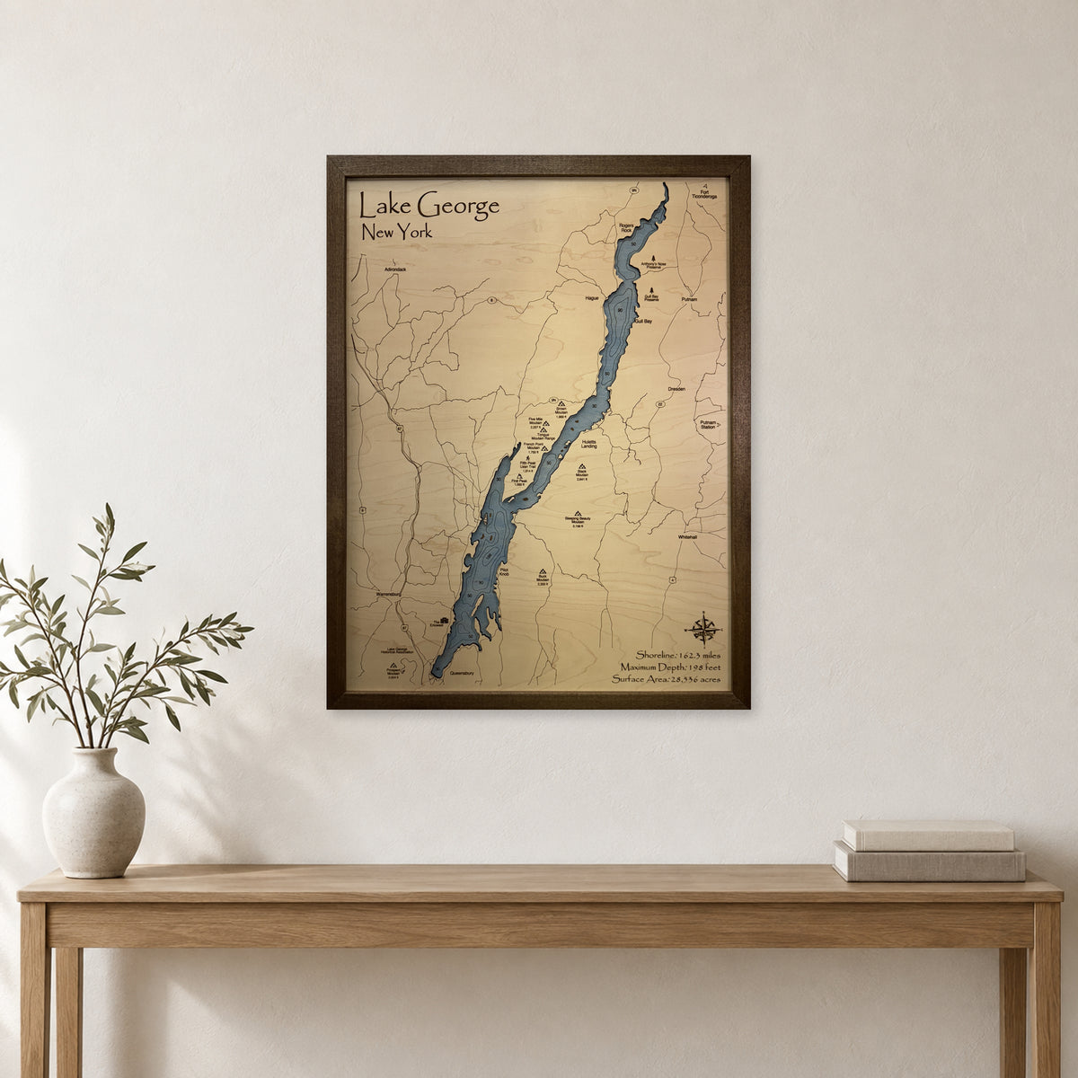 George Wilson wood map — single layer with engraved contours, staged room mockup