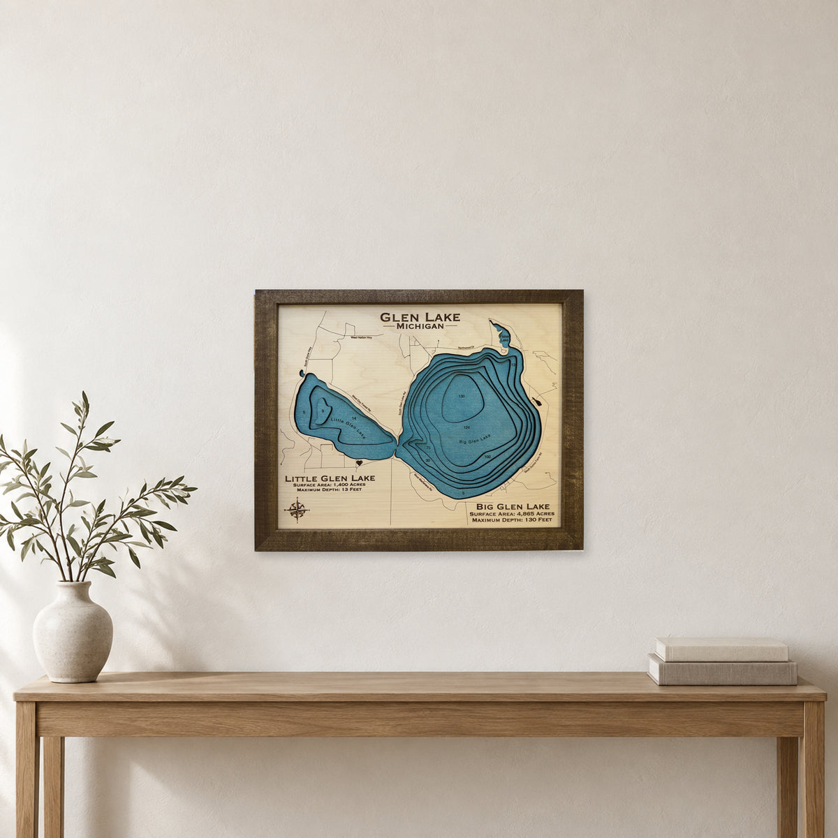 Glen Lake wood map — multilayer, staged room mockup