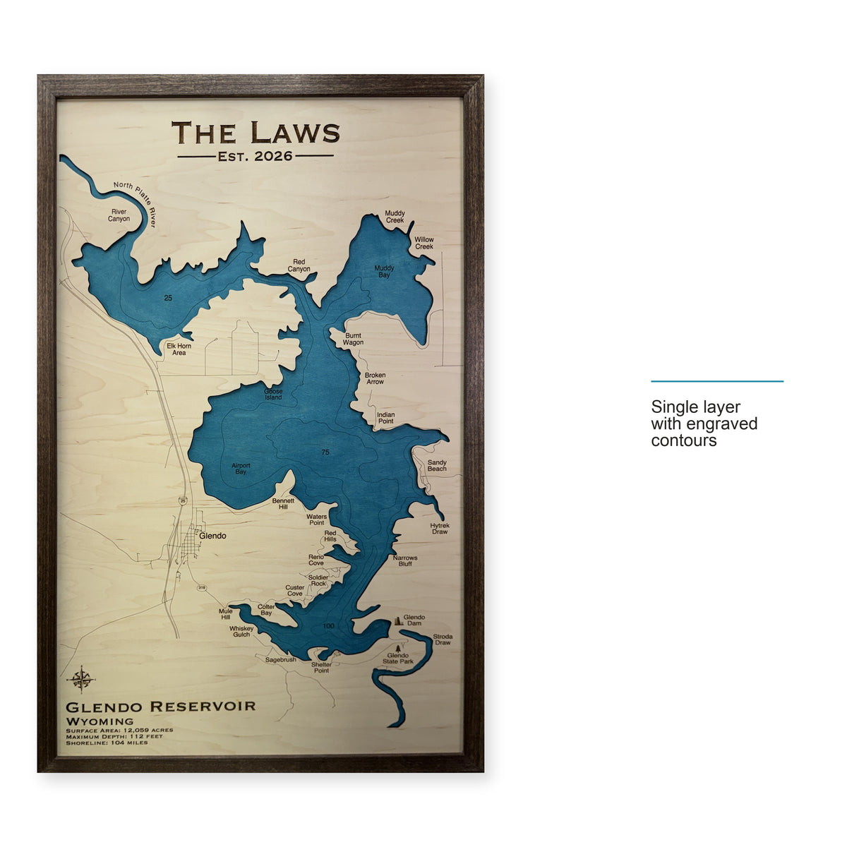 Glendo Laws wood map — single layer with engraved contours, layer option shown