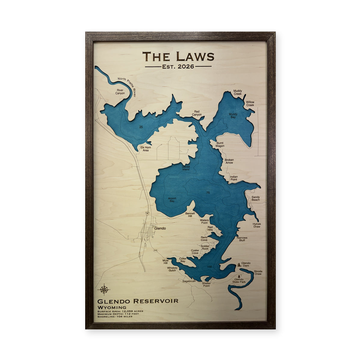 Glendo Laws wood map — single layer with engraved contours, white background