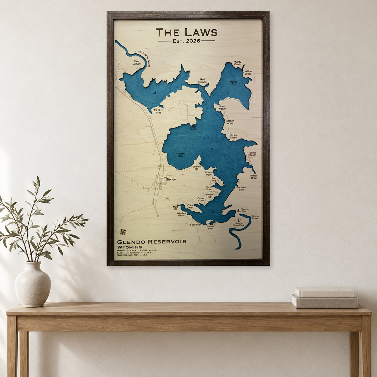 Glendo Laws wood map — single layer with engraved contours, staged room mockup