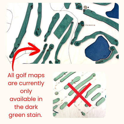 Image and text stating that golf map greens will be stained in a dark green color only. 