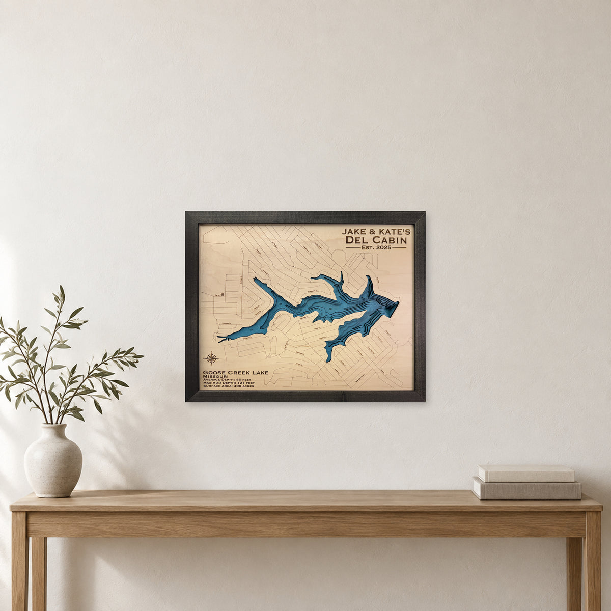 Goose Creek Jake Katie wood map — multilayer, staged room mockup