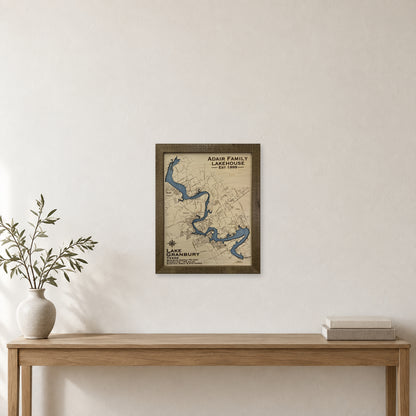 Granbury Adair wood map — single layer, staged room mockup