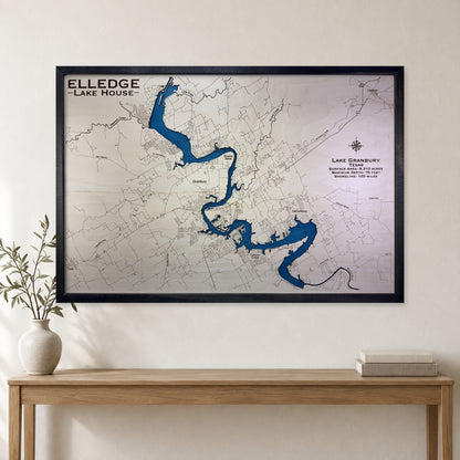Granbury Elledge wood map — single layer with engraved contours, staged room mockup