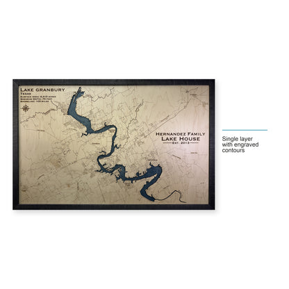 Granbury Hernandez wood map — single layer with engraved contours, layer option shown