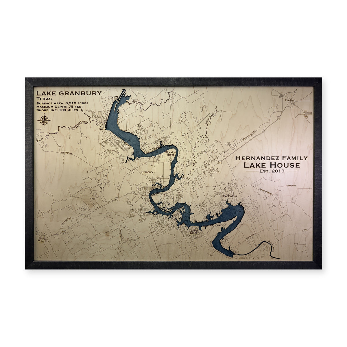 Granbury Hernandez wood map — single layer with engraved contours, white background