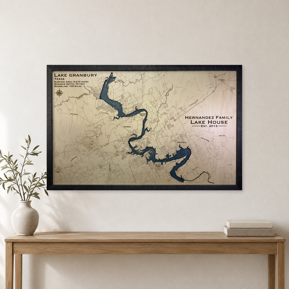 Granbury Hernandez wood map — single layer with engraved contours, staged room mockup