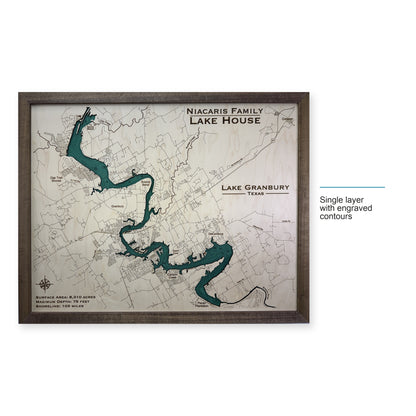 Granbury Niacaris wood map — single layer with engraved contours, layer option shown