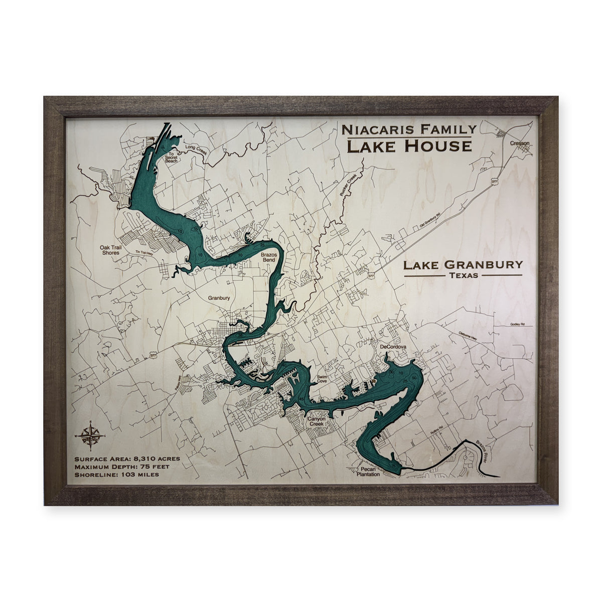 Granbury Niacaris wood map — single layer with engraved contours, white background