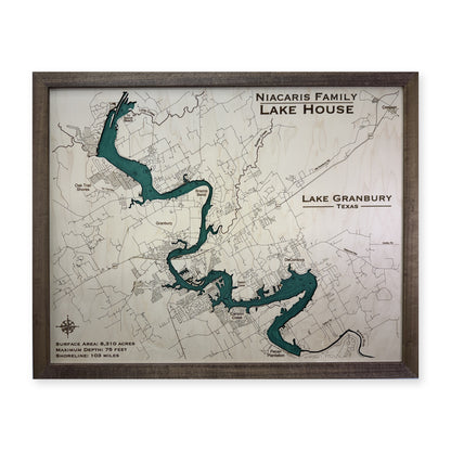 Granbury Niacaris wood map — single layer with engraved contours, white background