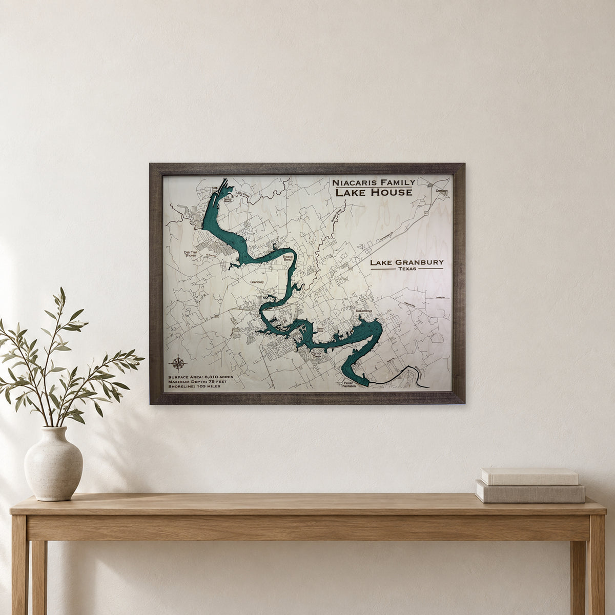 Granbury Niacaris wood map — single layer with engraved contours, staged room mockup