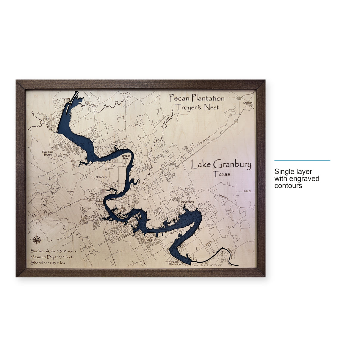 Granbury Troyer wood map — single layer with engraved contours, layer option shown